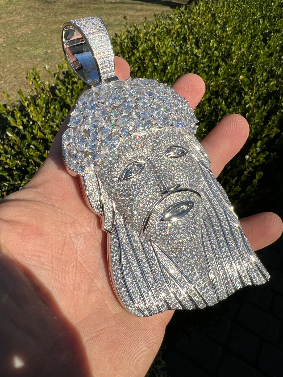 Pre-owned Silver Huge 6" 290 Gram Real 925  Mens Iced Baguette Cz Jesus Piece Pendant In Gold