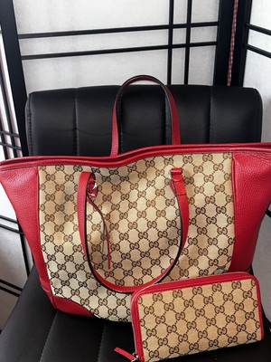 Gucci Canvas Bree Leather Tote In Red