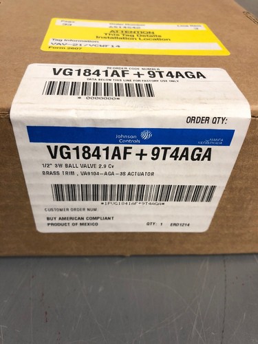 NEW, SEALED, JOHNSON CONTROLS, VG1841AF+9T4AGA, 1/2” BALL VALVE. (1AA-1)