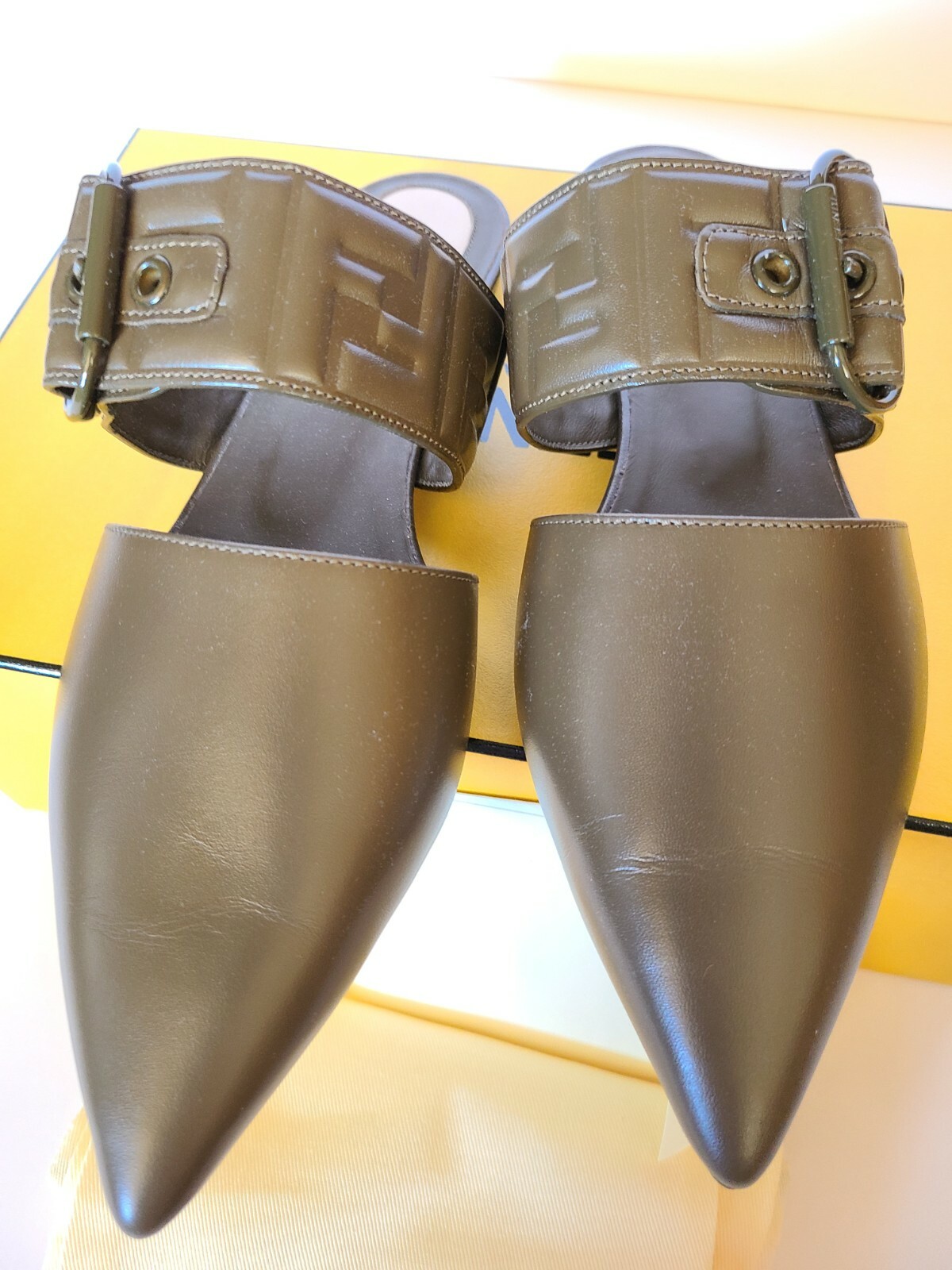 New FENDI Sabot Buckle FF Logo Pointed Leather Mules Flats