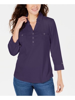 

KAREN SCOTT Женская фиолетовая футболка-поло свободного кроя на пуговицах с отворотами на рукавах Petites, Фиолетовый