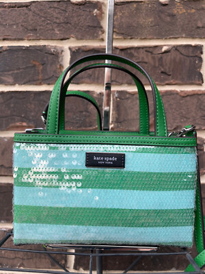 NWT $298 Kate Spade Sam Icon Stripe Sequin Mini Tote Seaside Green Bag KB963