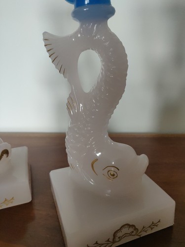 PAIR GLASS MMA KOI DOLPHIN FISH 2-TONE PINK OPSLESESCENT & BLUE CANDLESTICKS