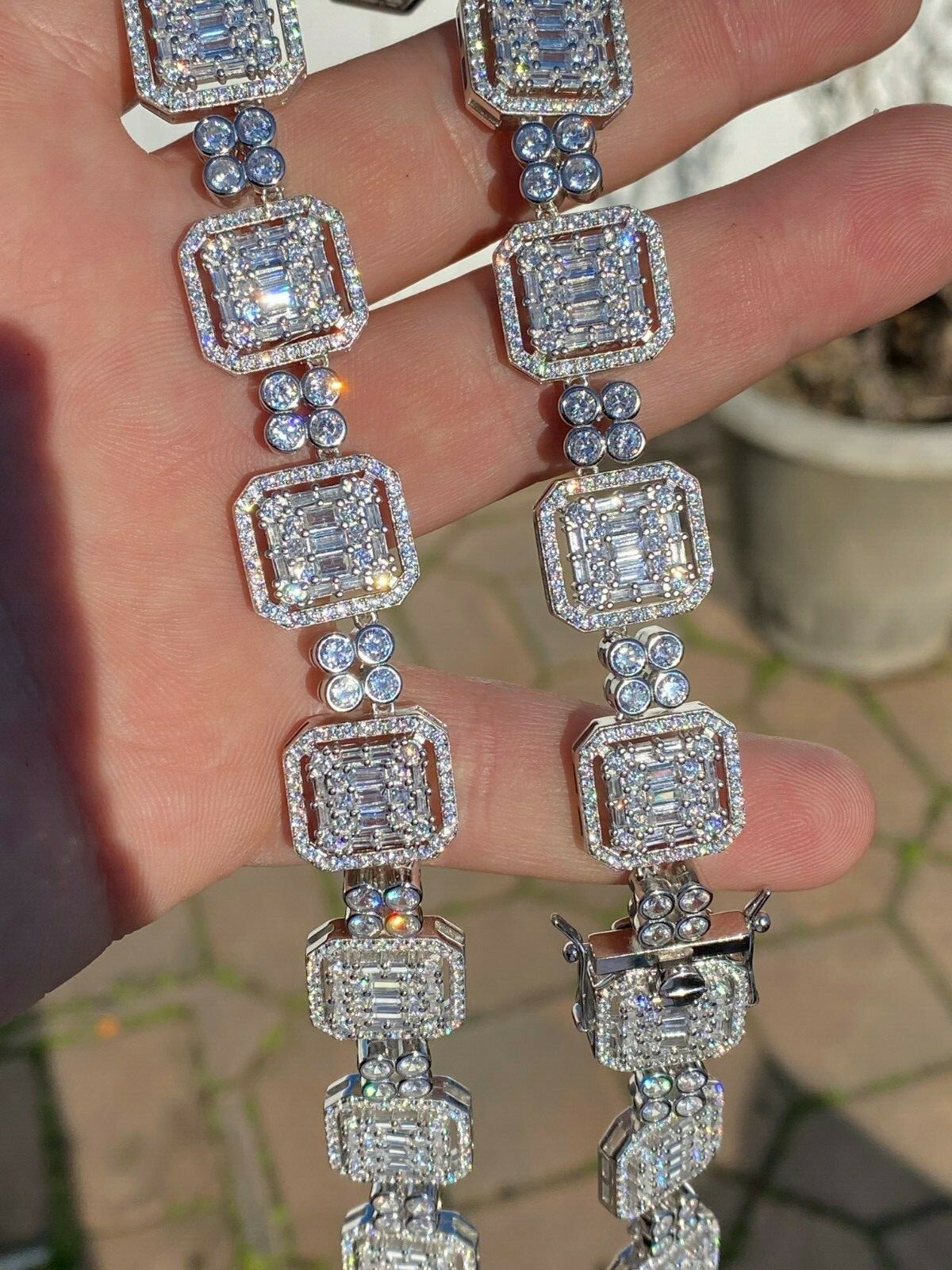 Pre-owned Silver 925 Sterling  Baguette Link Chain Iced 16mm Men's Cz Necklace Choker