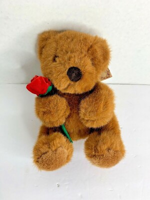 Russ Roundley Brown Plush Bear Holding Rose Stuffed Animal Toy 