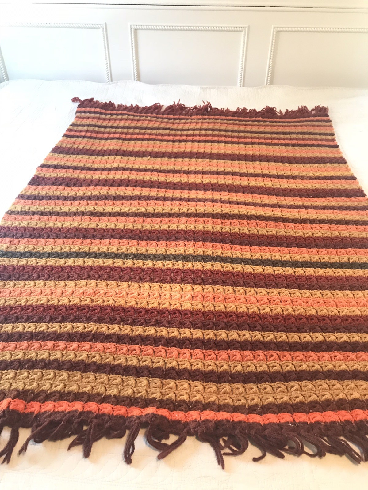 Vintage Hand Crocheted Granny Afghan Blanket Throw Orange Rust Gold