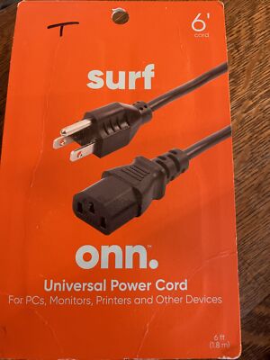 Surf ONN Universal Power Cord For PC s, Monitors, Printers & Other 6 ft.  B742