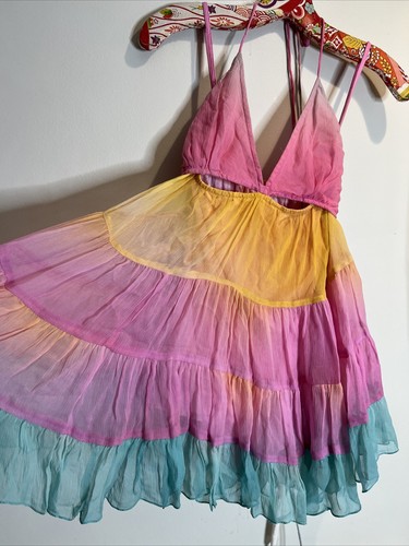 Pre-owned Rococo Sand Zale Tiered Cutouts Cover Up Pastel Ombre Babydoll Mini Dress M In Rainbow