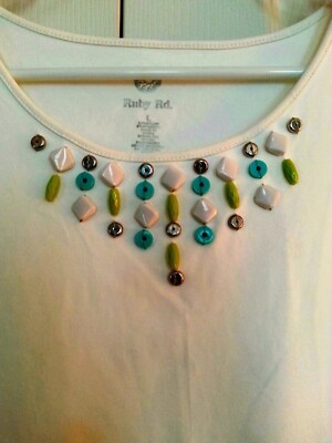 Ruby Rd.  Patio Party  White Aqua Multi-Embellished Tank Top-Women s Size Large