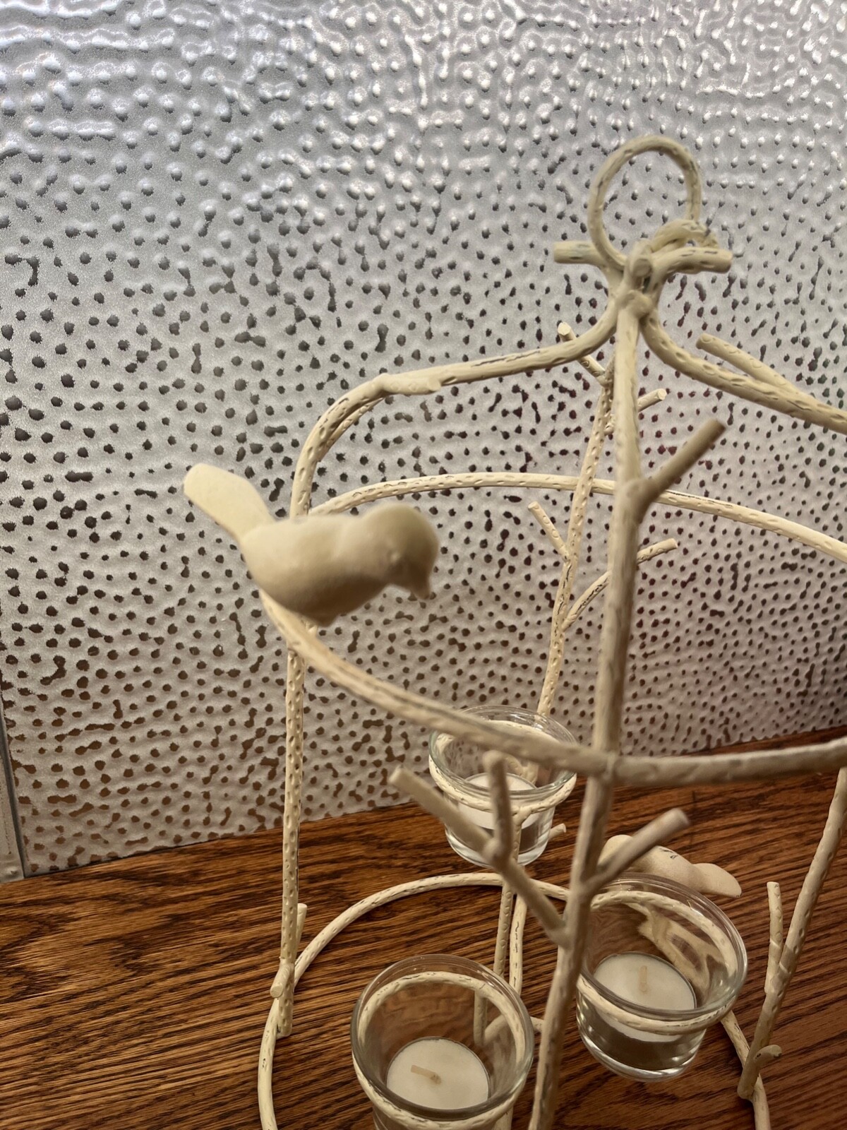 bird cage style tea light candle holder, cream color. 8" x 14"