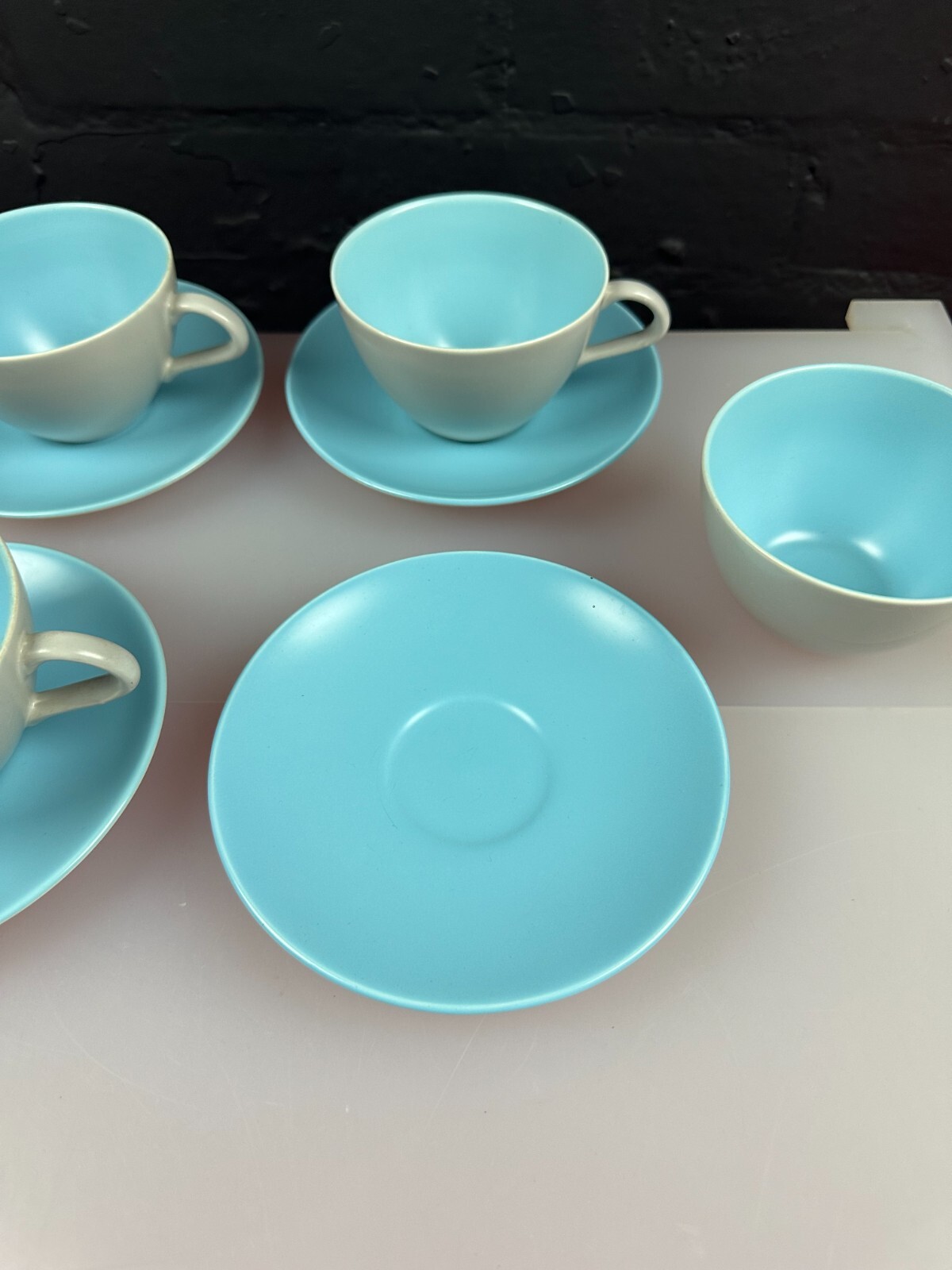 4 x Poole Twintone Sky Blue Dove Grey Round Tea Cups and Saucers Set