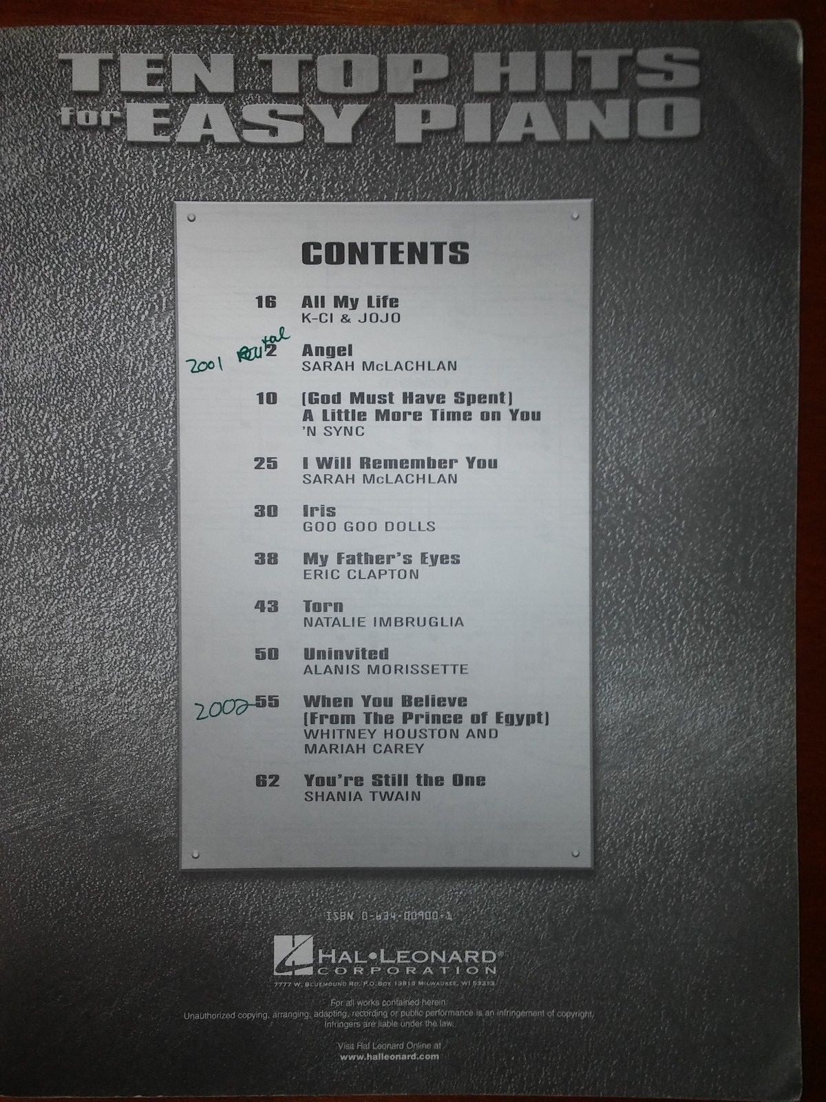 TEN TOP HITS FOR EASY PIANO  Hal Leonard Great variety, Clapton, McLachlan
