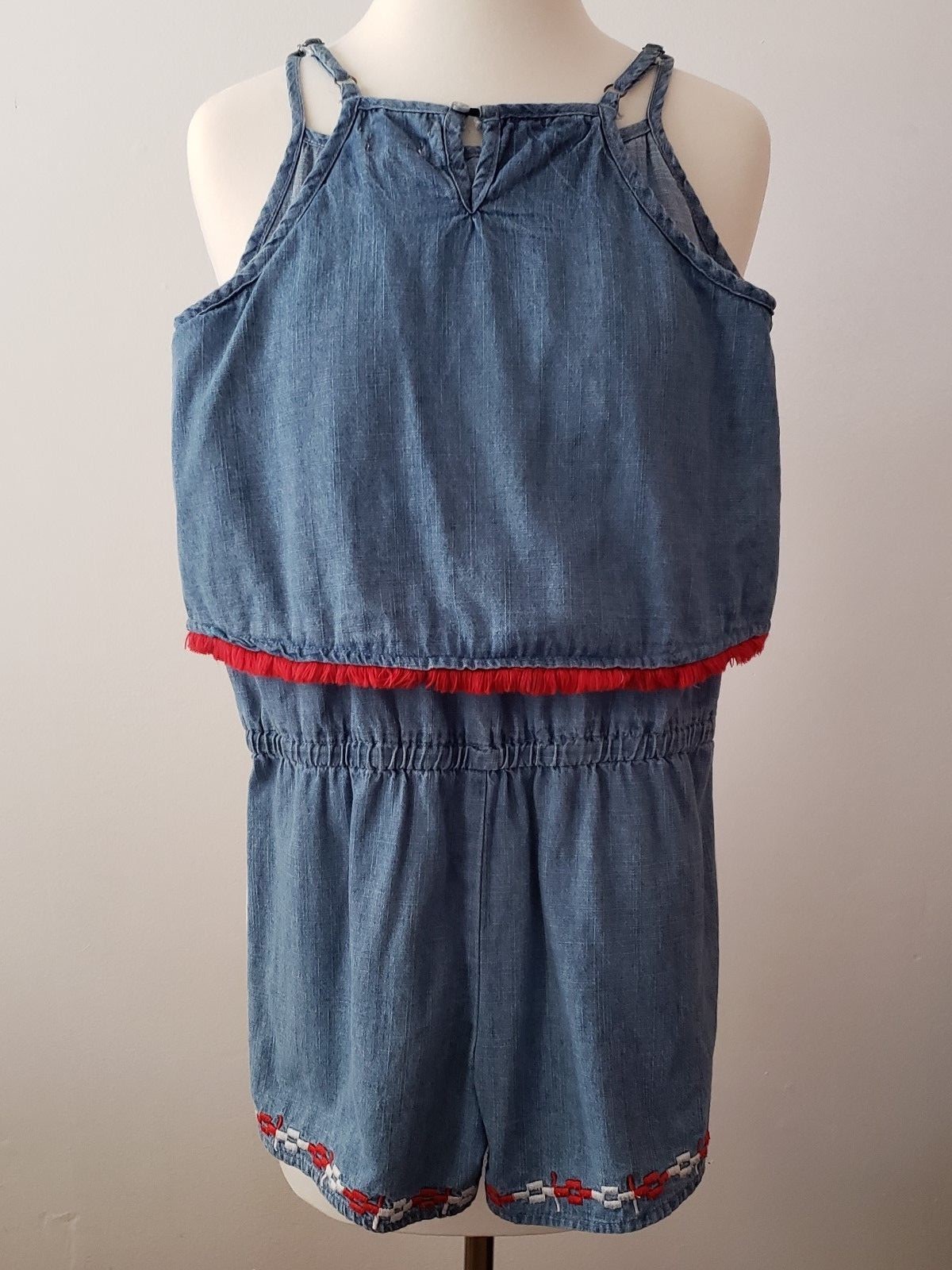 Lucky Brand Denim Romper Girls Size 10 Blue Red Fringe Spaghetti Straps Shorts