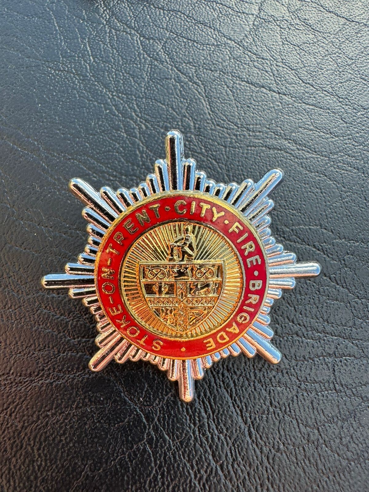 OBSOLETE Stoke on Trent City Fire Brigade Staffs Enamel Cap Hat Uniform Badge