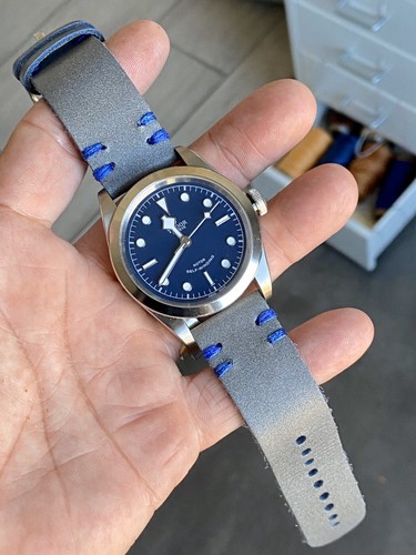 20mm GRAY Vintage Top Grain Leather Watch Straps Double BLUE stitch