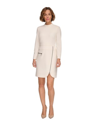 DKNY Womens Ivory Lined Asymmetric Zipper Hem Long Sleeve Sheath Dress 10