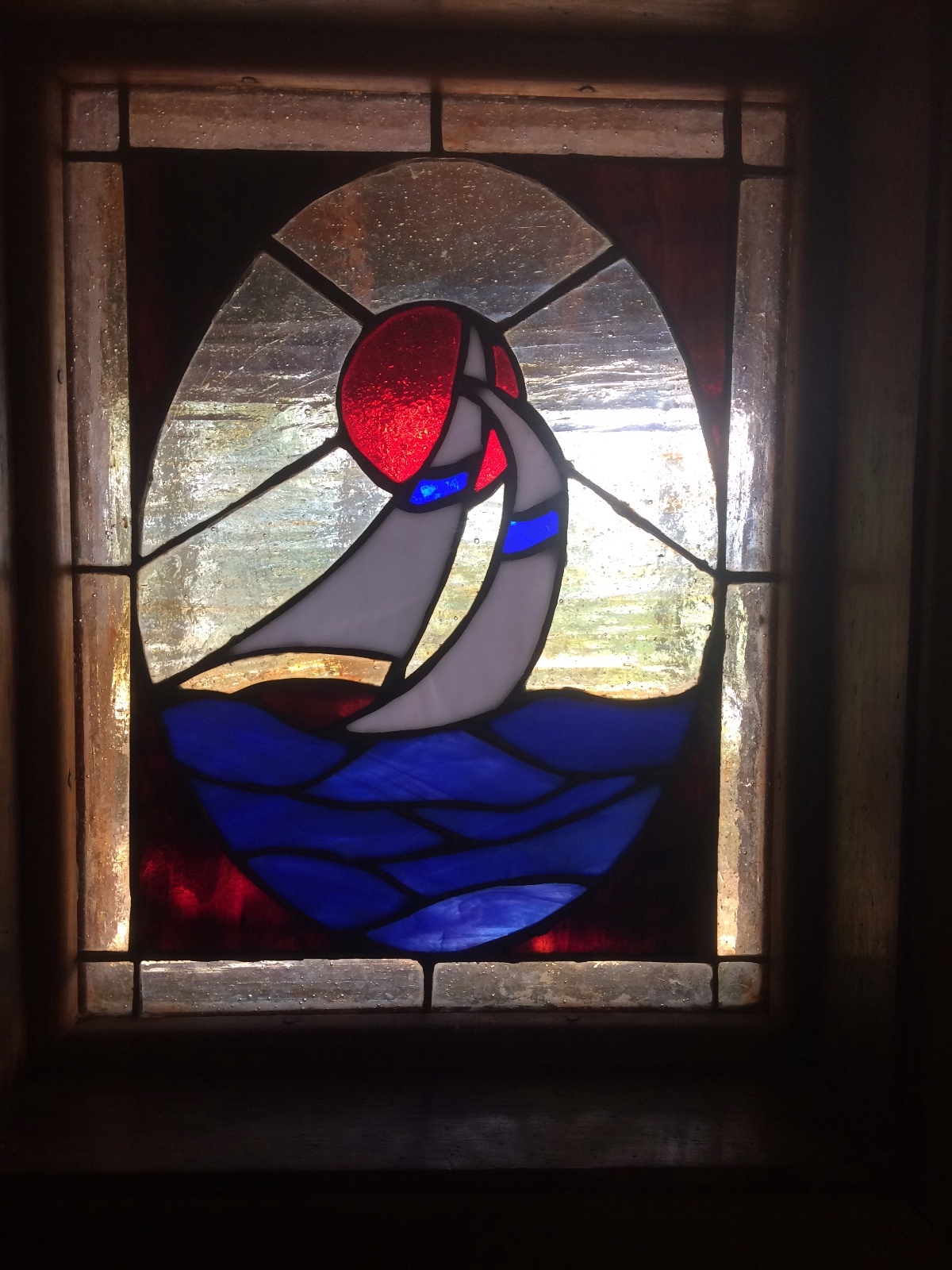 Custom Vintage Antique Stained Glass Sailboat Window, Blue, White, Red / Orange