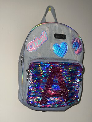 Justice Girls Denim Blue/Purple /Pink Flip Sequin Initial Mini Backpack Letter A