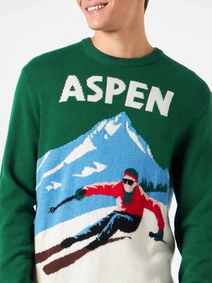 Pre-owned Mc2 Saint Barth Man Sweater Aspen Vintage Postcard Print In Green