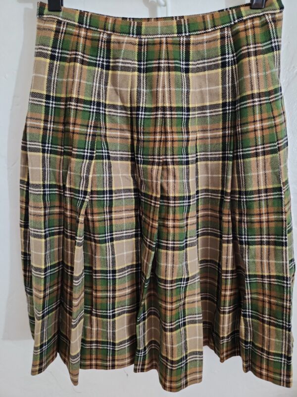 vintage pendleton pleated tartan skirt tan green wool kilt school girl sz 12