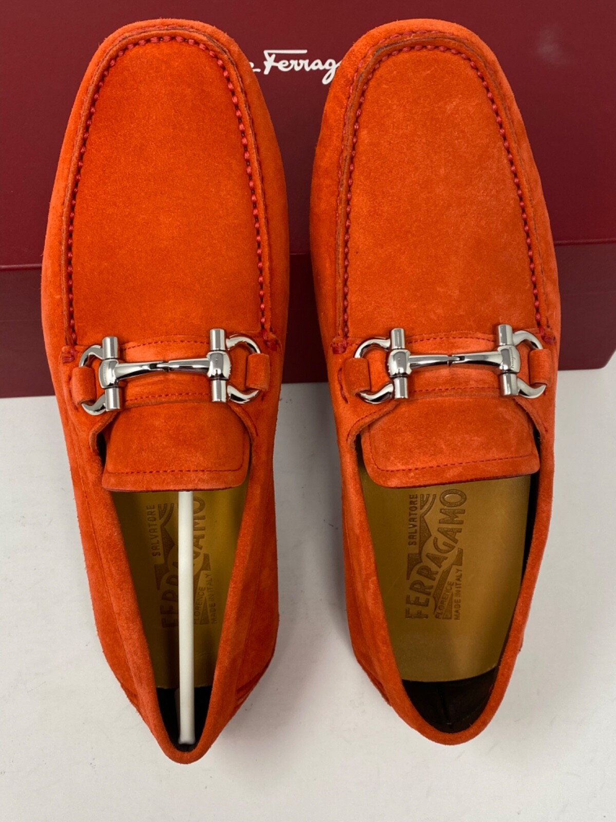 Pre-owned Ferragamo Salvatore  Parigi Eco Suede Driving Moccasins $750 7.5e Candy Apple Red