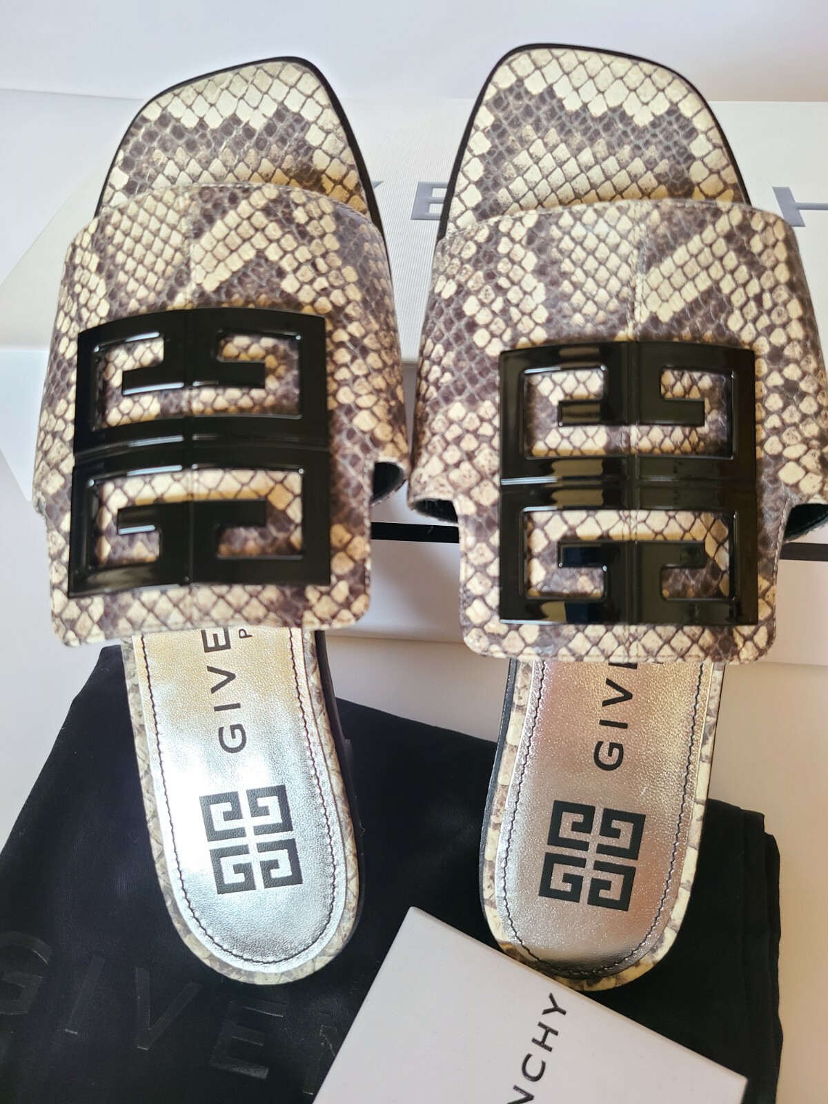New Givenchy 4G Logo Flat Leather Python Print Slide Sandals