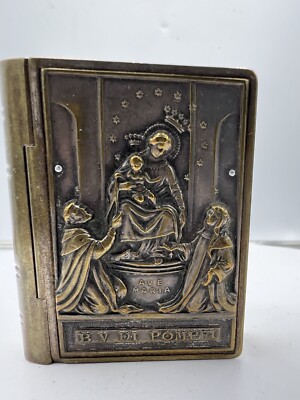 Antique Silver Plate Book type box for rosary with AVA MARIA /B.V Di POMPEI