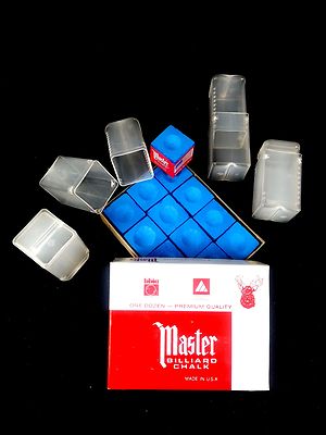 Combo - (12) Pack SKY Blue Master Chalk & (4) Empty Chalk Holder Cases Pool Cue 