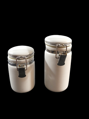 Lot of 2 OGGI Small White Ceramic Air Tight Spice Jars Metal Latch