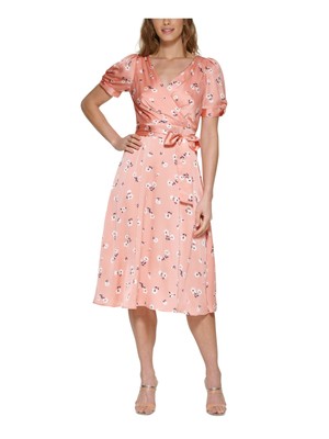 

DKNY Womens Coral Tie Belt Cuff Pouf Sleeve Midi Fit + Flare Dress, Коралл
