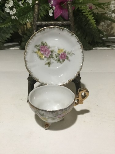 Vintage Hand Painted Porcelain Minature Tea Cup & Saucer Pink Floral Design Gold