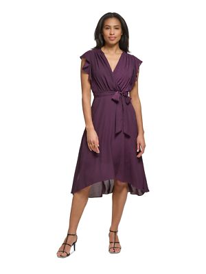 DKNY Womens Purple Lined Self-tie Belt Flutter Sleeve Midi Party Hi-Lo Dress 14