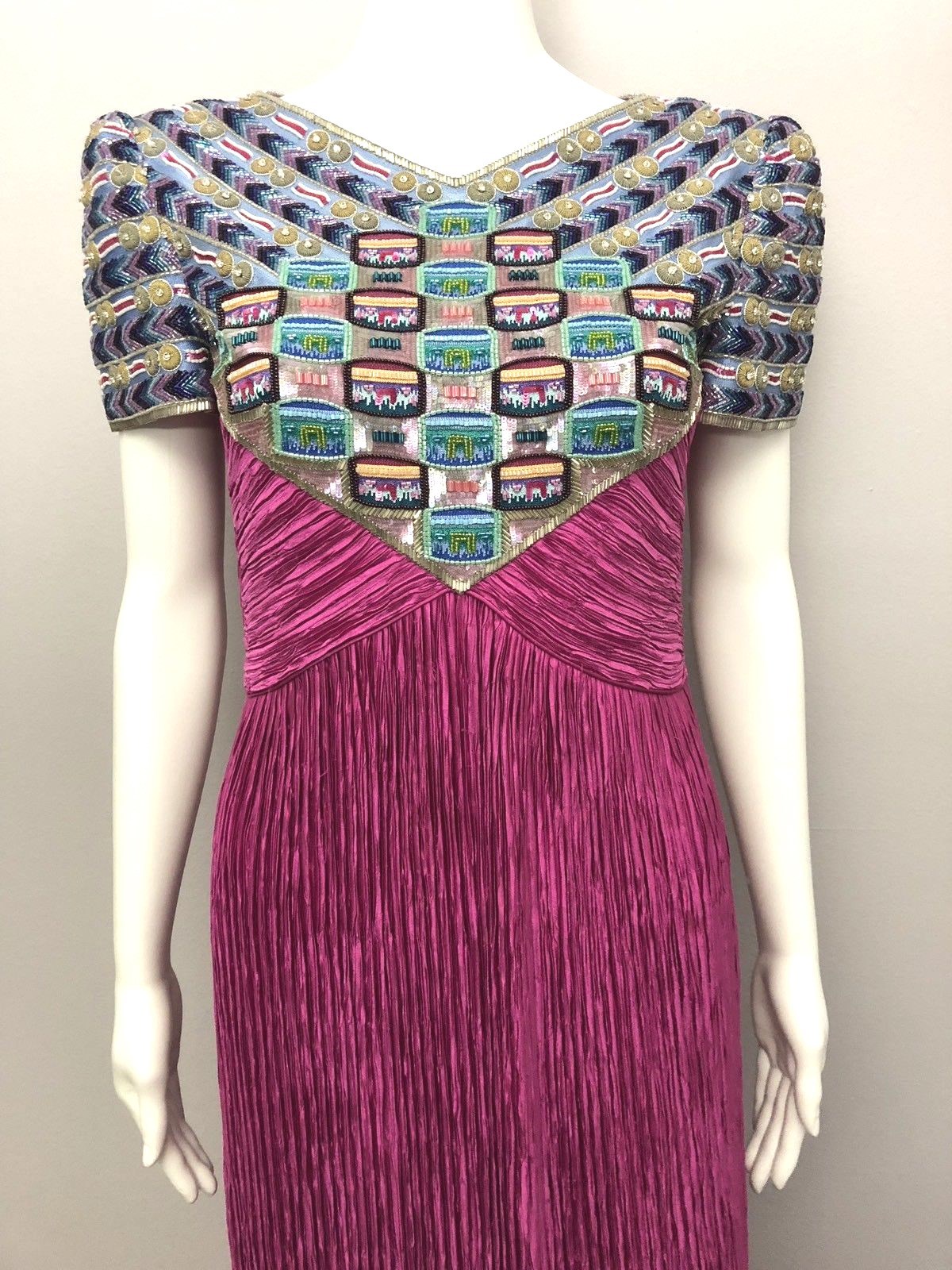 MARY MCFADDEN COUTURE Vintage Beaded Hot Pink Fortuny Pleated Gown, sz 6