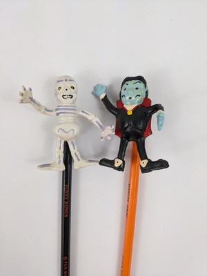 Lot 2 Vint Halloween Fun World Pencil Toppers Dancing Dracula & Funny Bones