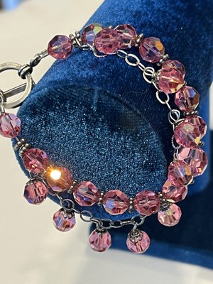 Sterling Bracelet Beaded Pink Faceted Swarovski Elements Crystal Toggle Chain 7 