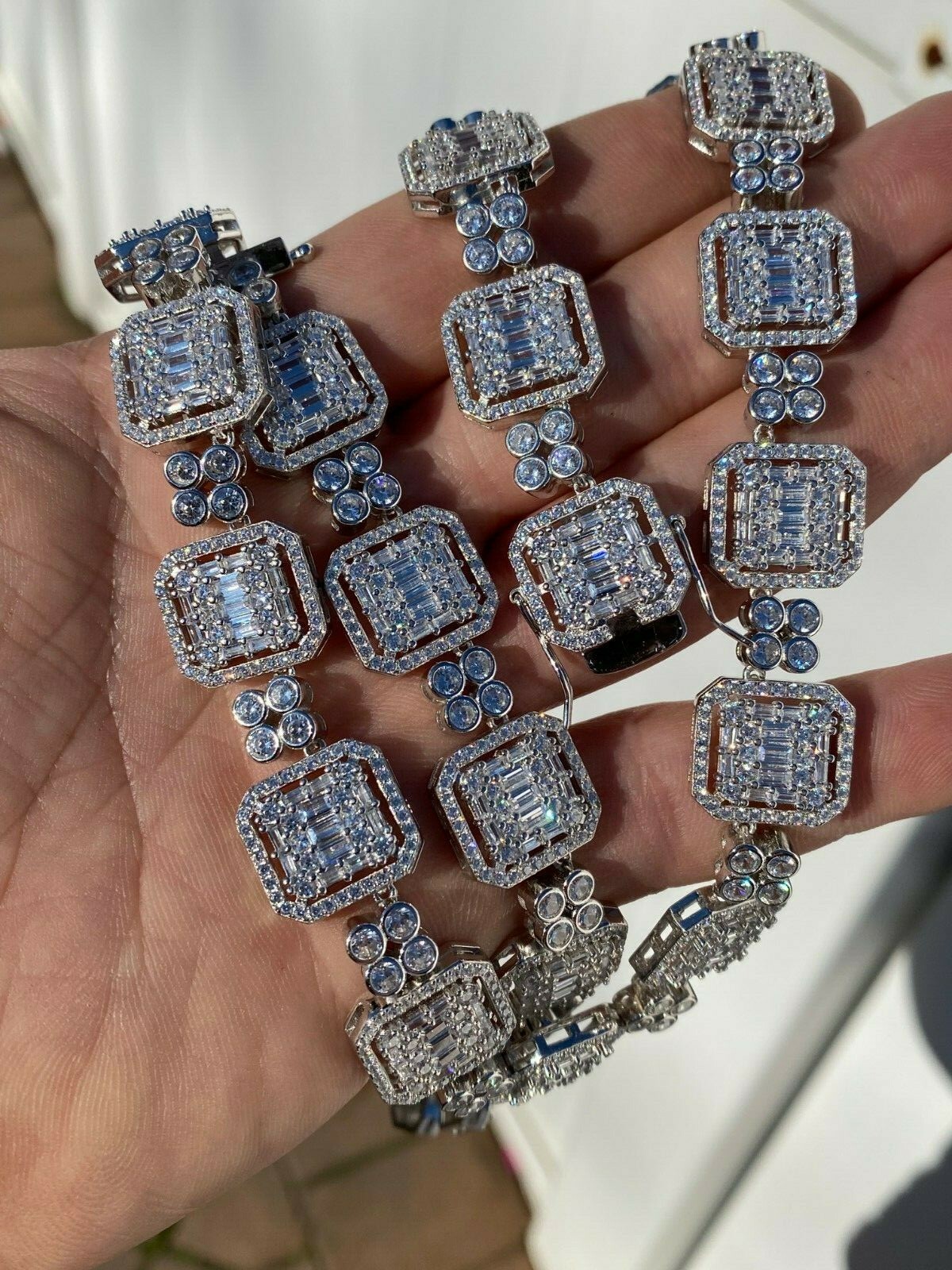 Pre-owned Silver 925 Sterling  Baguette Link Chain Iced 16mm Men's Cz Necklace Choker