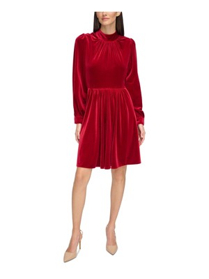 CALVIN KLEIN Womens Red Lined Cuffed Sleeve Above The Knee Fit + Flare Dress 8
