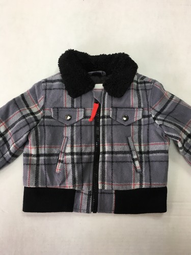 Cat & Jack baby 12 month gray/black plaid zup up jacket fauz fur collar