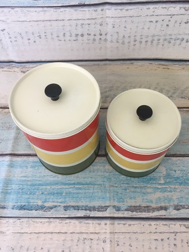 Tin Striped Canisters Nesting Metal With Lids Retro 1970s Vintage Green Set of 2