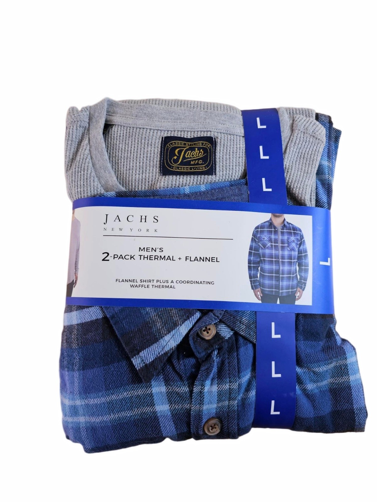 Mens JACHS New York Waffle Thermal & Flannel Shirt Set Blue Grey LG / LARGE
