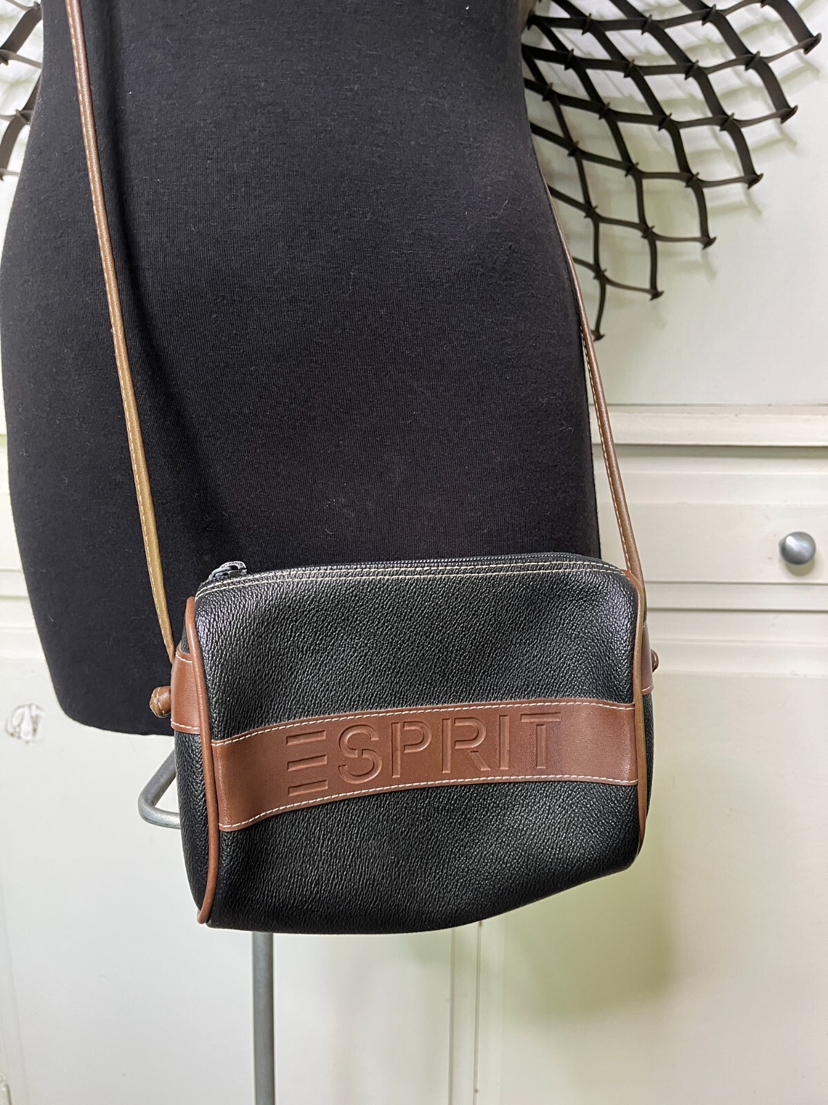 Esprit Vintage 80s Black Brown Crossbody Purse Small Shoulder Bag Long Strap