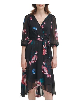 

Женское черное вечернее платье с запахом длиной ниже колена и рукавами 3/4 DKNY, Черный