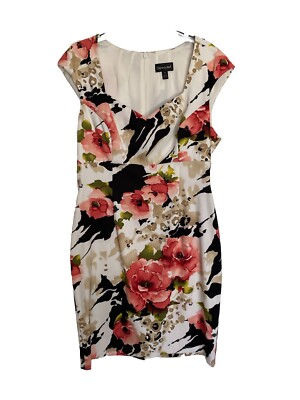 Connected Women Dress Queen Anne Neck Beige/Multicolor Floral Print Size14 NWOT