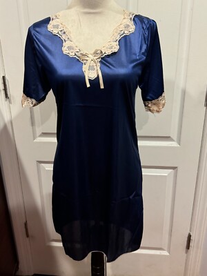 Women Short Sleeve Silky Thin Nightgown Navy Blue Sz XL (34''Lx22''W)