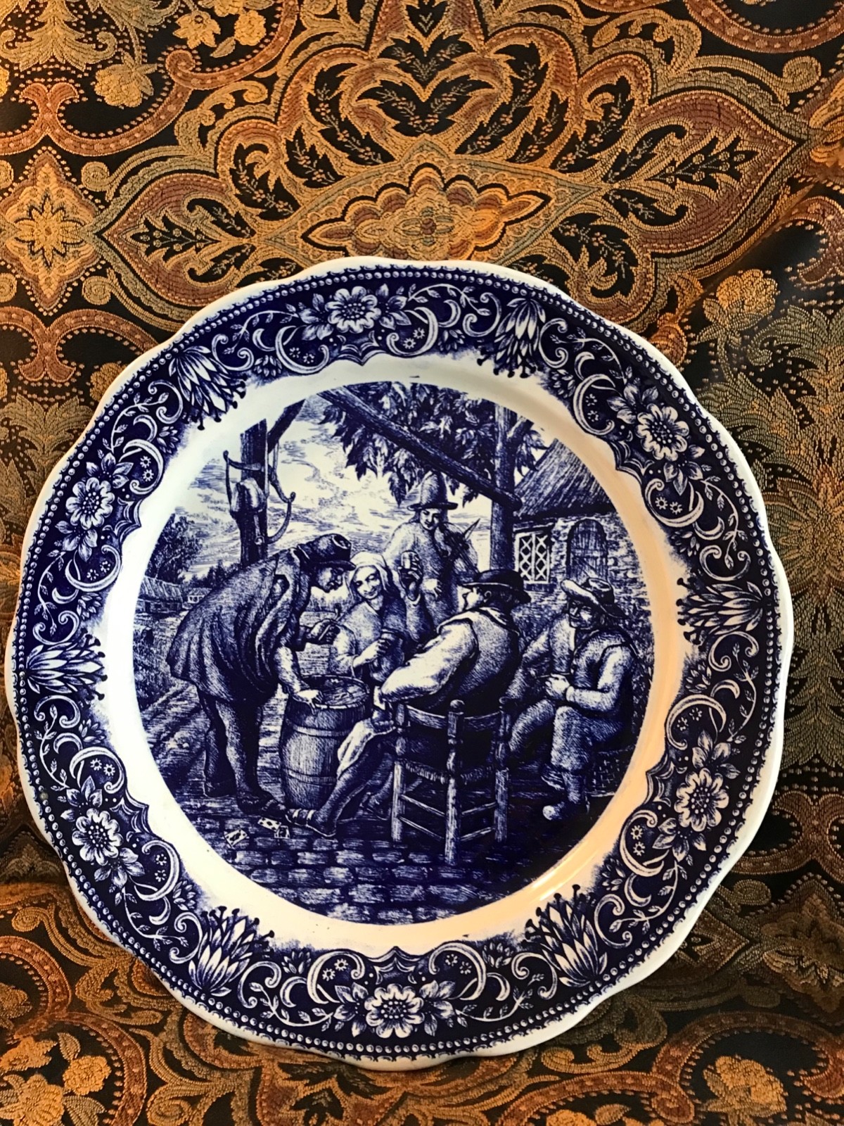 Antique Blue Delft Boch Frère La Louviere Belgium Charger Plate****Villagers****