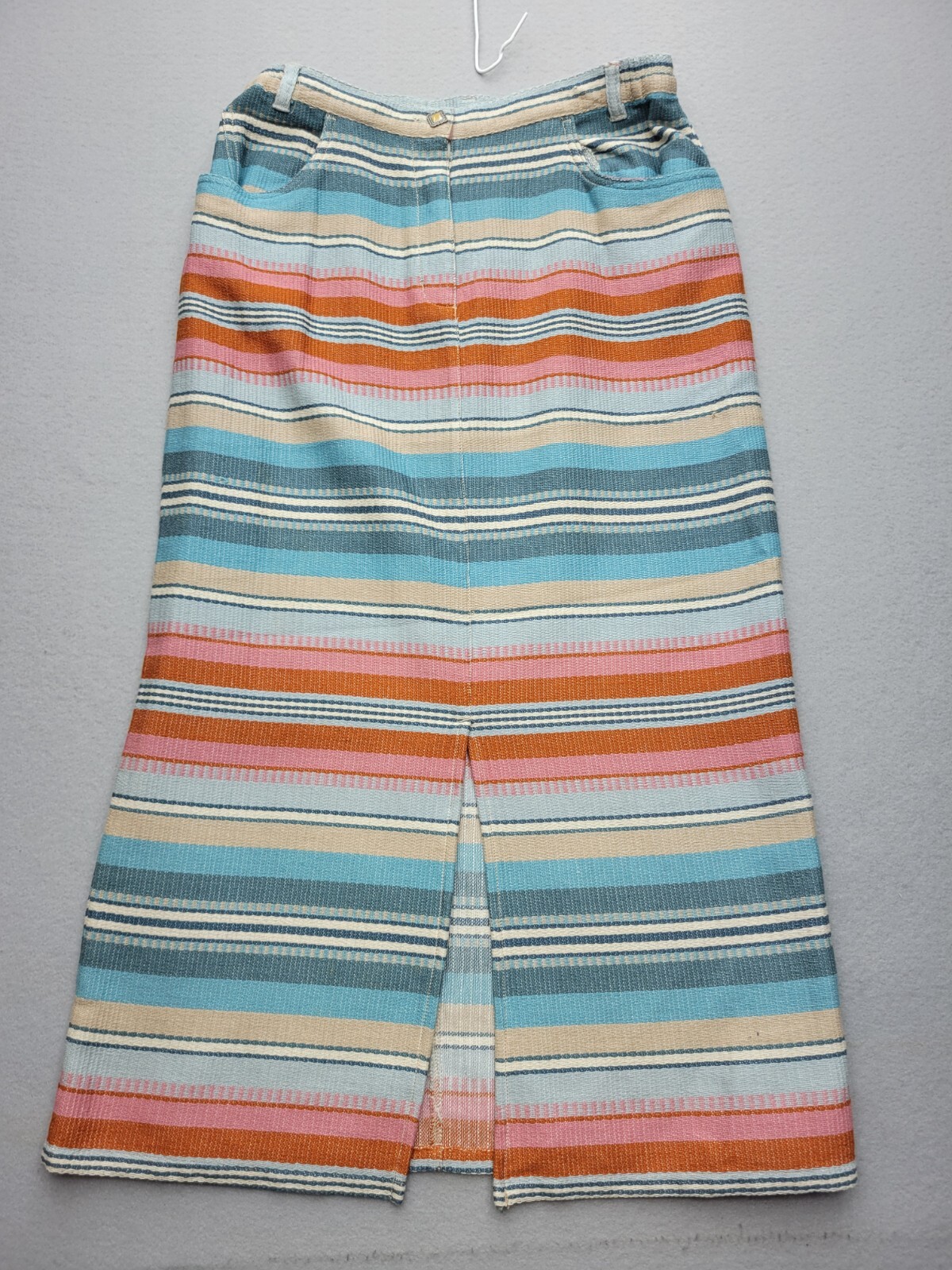 Denim&Co Women's Skirt Large Coral Light Blue Maxi Long Pencil Stripes Beach
