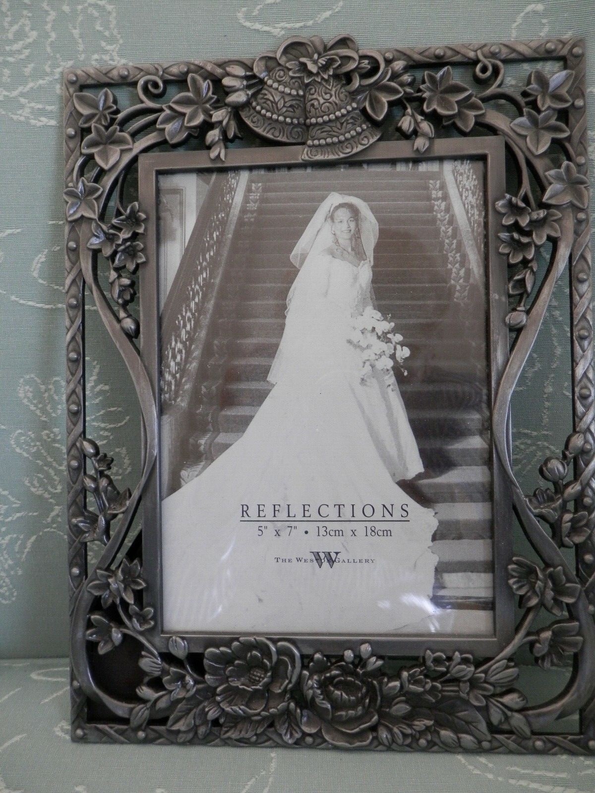 Classic Pewter Picture Photo Frame, 5x7, Wedding Bells & Flowers, New