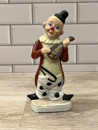Vintage Ceramic Clown Figurine Playing Lute Musical