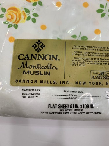 Vintage Cannon Monticello Muslin Floral Yellow White Full Flat Sheet New NOS