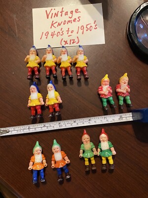 Vintage 40-50's Plastic Elf Gnome Lot of 12 Figurines Various Shapes and Colors